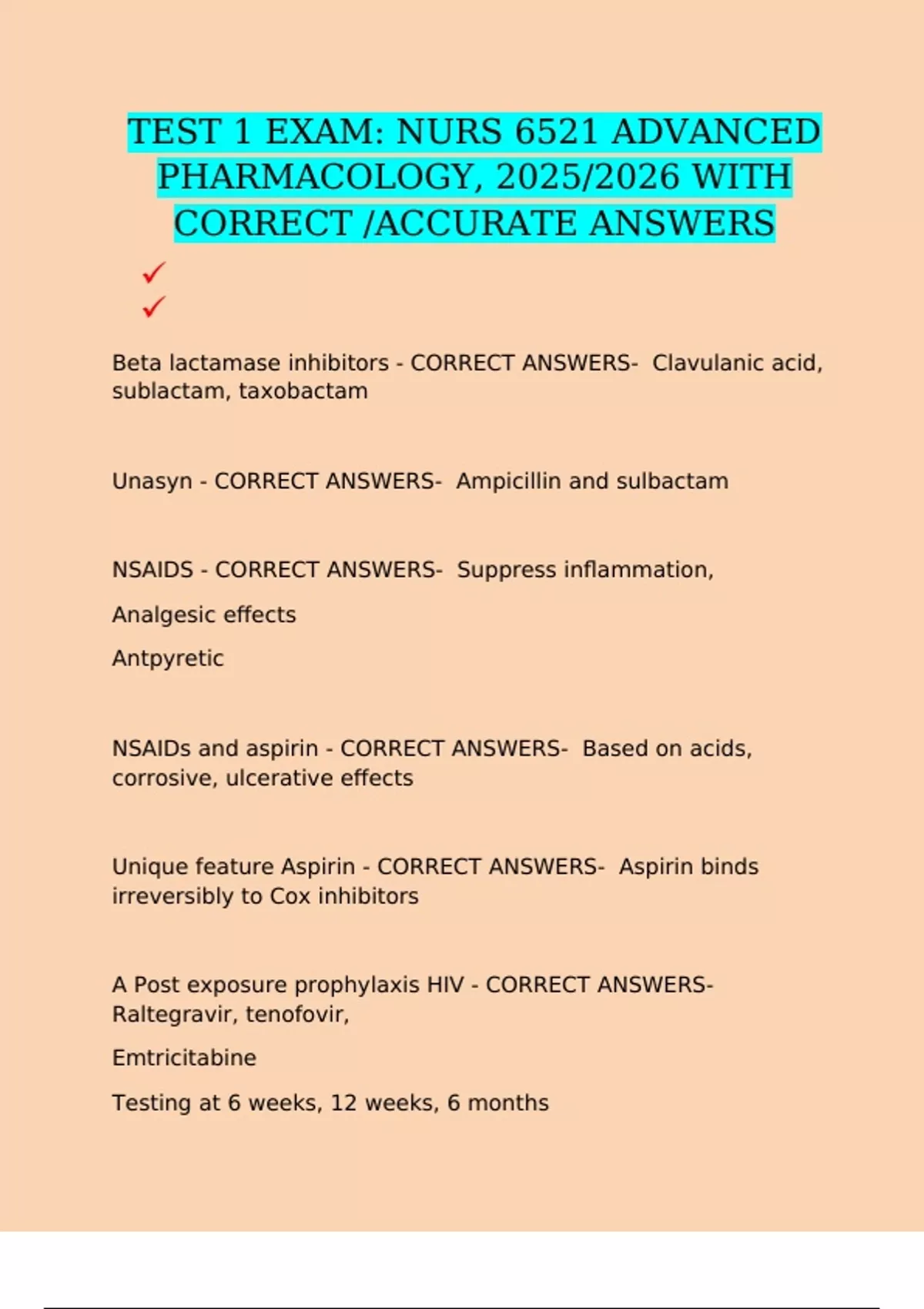 TEST 1 EXAM: NURS 6521 ADVANCED PHARMACOLOGY, 2025/2026 WITH CORRECT ...