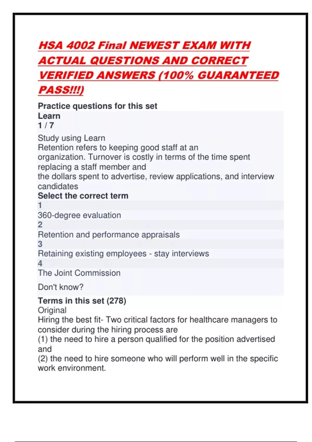 Hsa Questions HSA 4002 Final NEWEST EXAM WITH ACTUAL QUESTIONS AND CORRECT VERIFIED ...