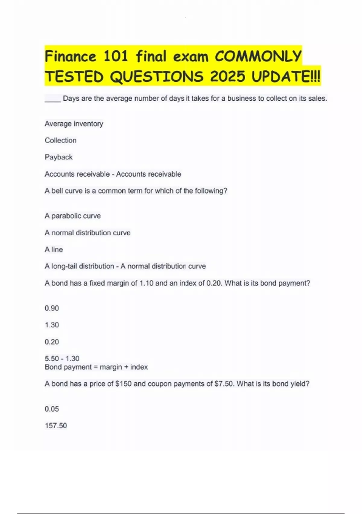 Finance 101 – Final Exam – USA – 2025 – Commonly Tested Questions with ...