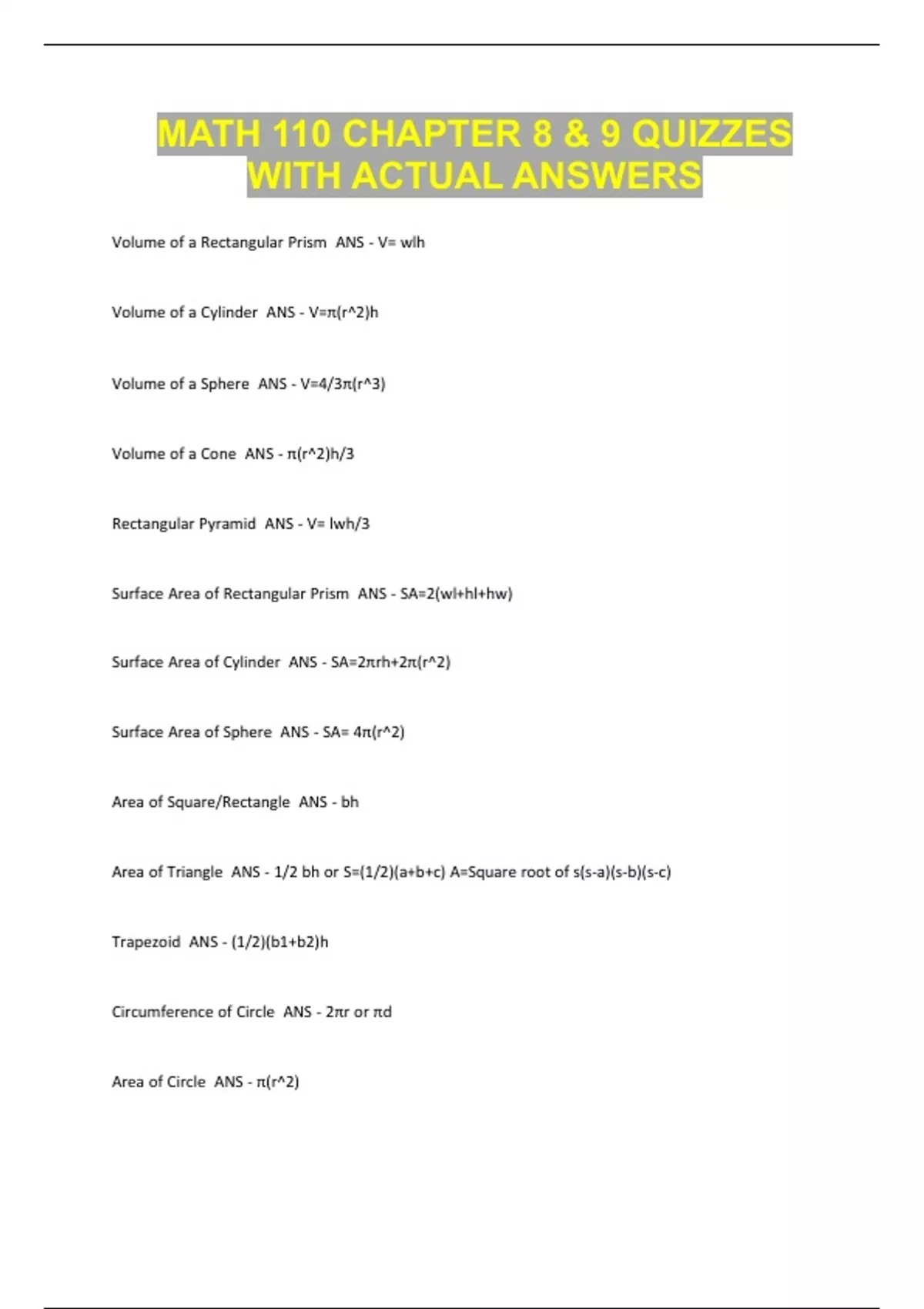 MATH 110 CHAPTER 8 & 9 QUIZZES WITH ACTUAL ANSWERS - MATH 110 - Stuvia US