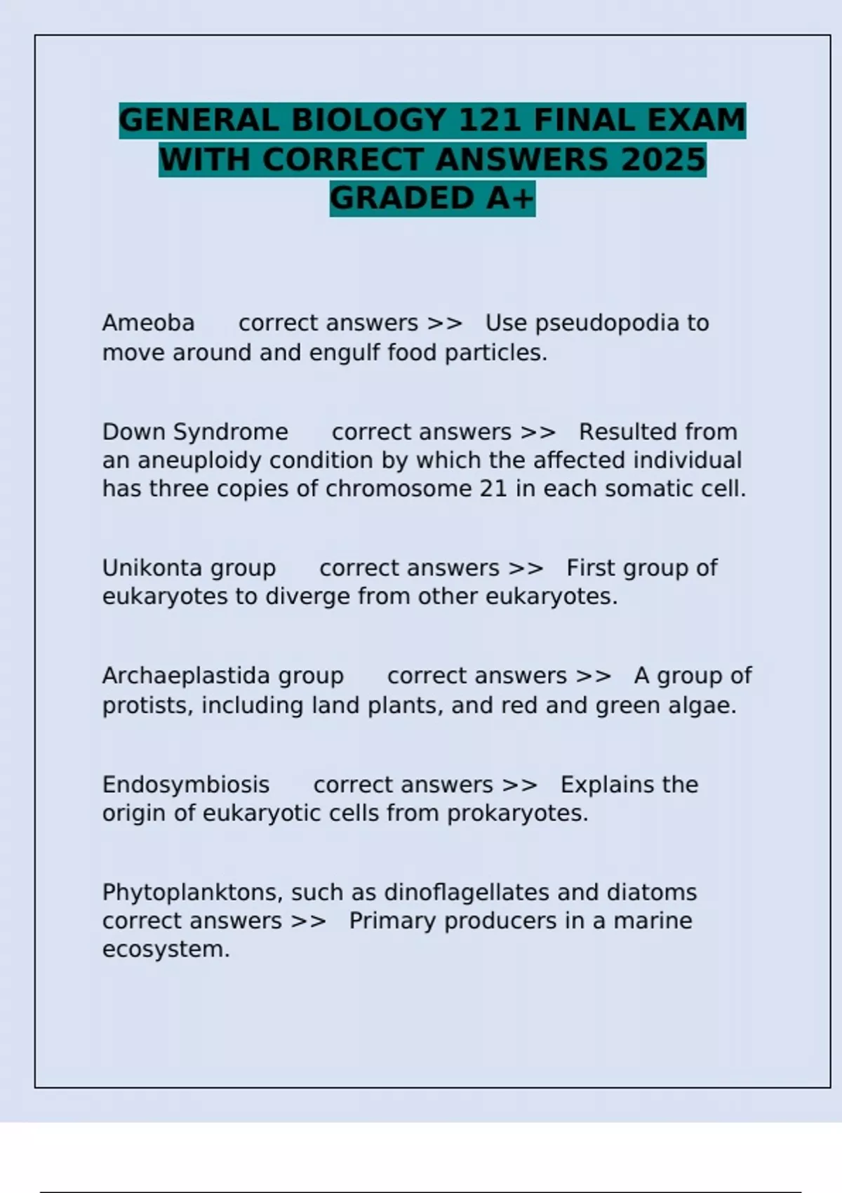 GENERAL BIOLOGY 121 FINAL EXAM WITH CORRECT ANSWERS 2025 GRADED A+ ...