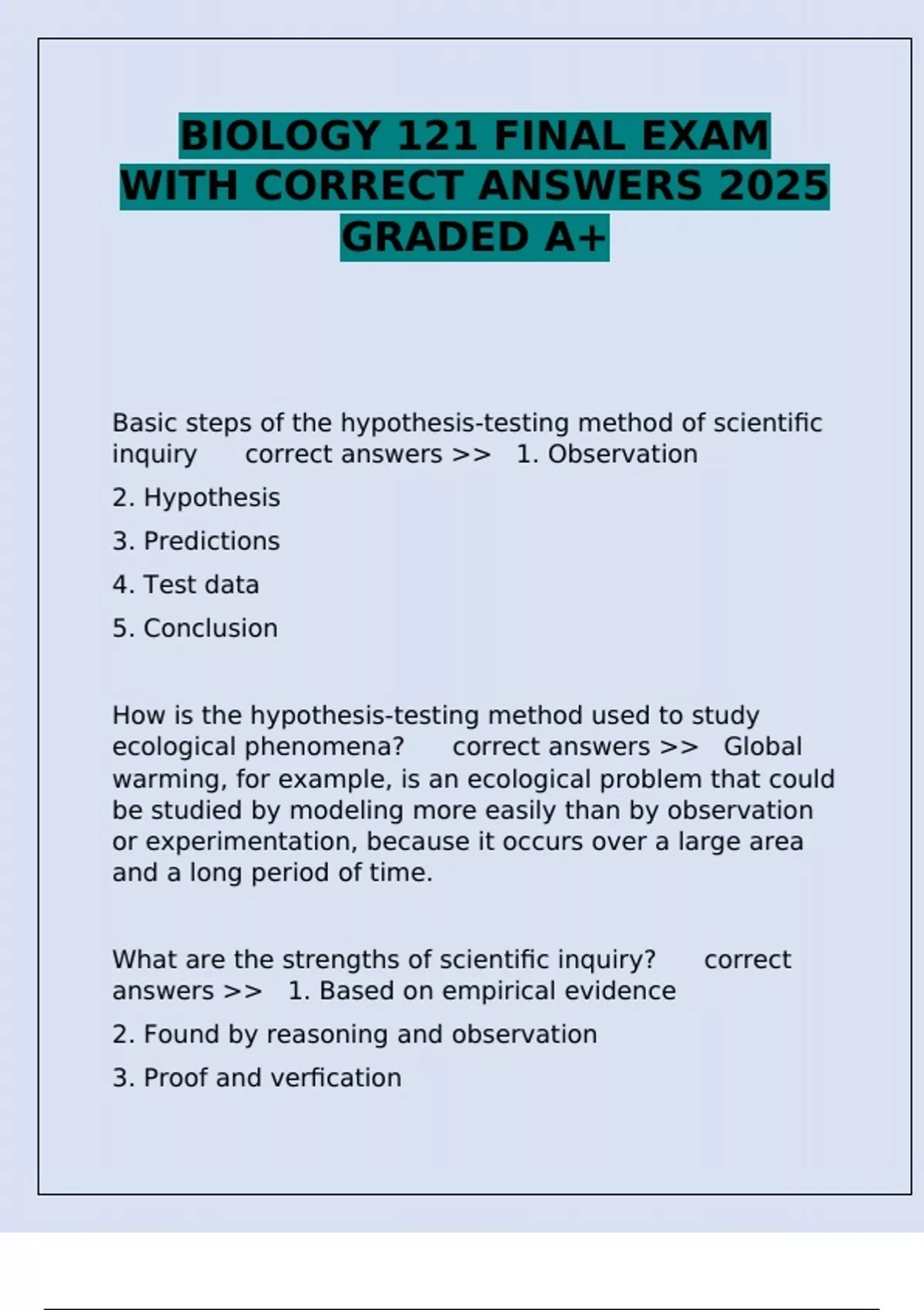 BIOLOGY 121 FINAL EXAM WITH CORRECT ANSWERS 2025 GRADED A+ - BIOLOGY ...