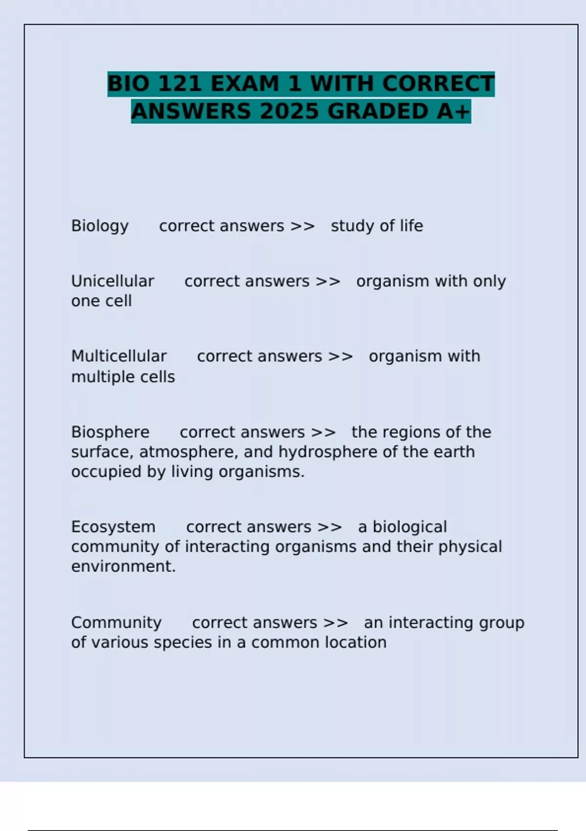 BIO 121 EXAM 1 WITH CORRECT ANSWERS 2025 GRADED A+ - BIO 121 EXA ...