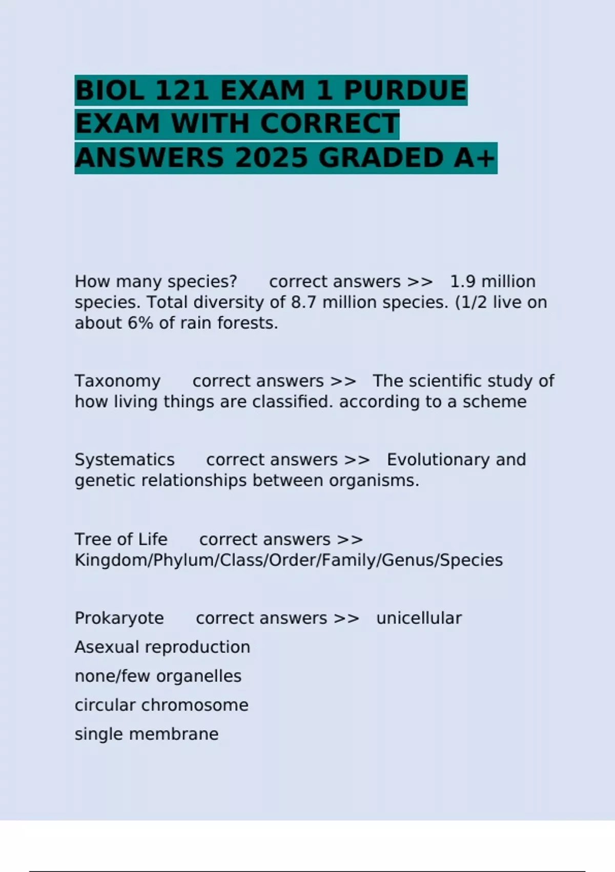BIOL 121 EXAM 1 PURDUE EXAM WITH CORRECT ANSWERS 2025 GRADED A+ - BIOL ...