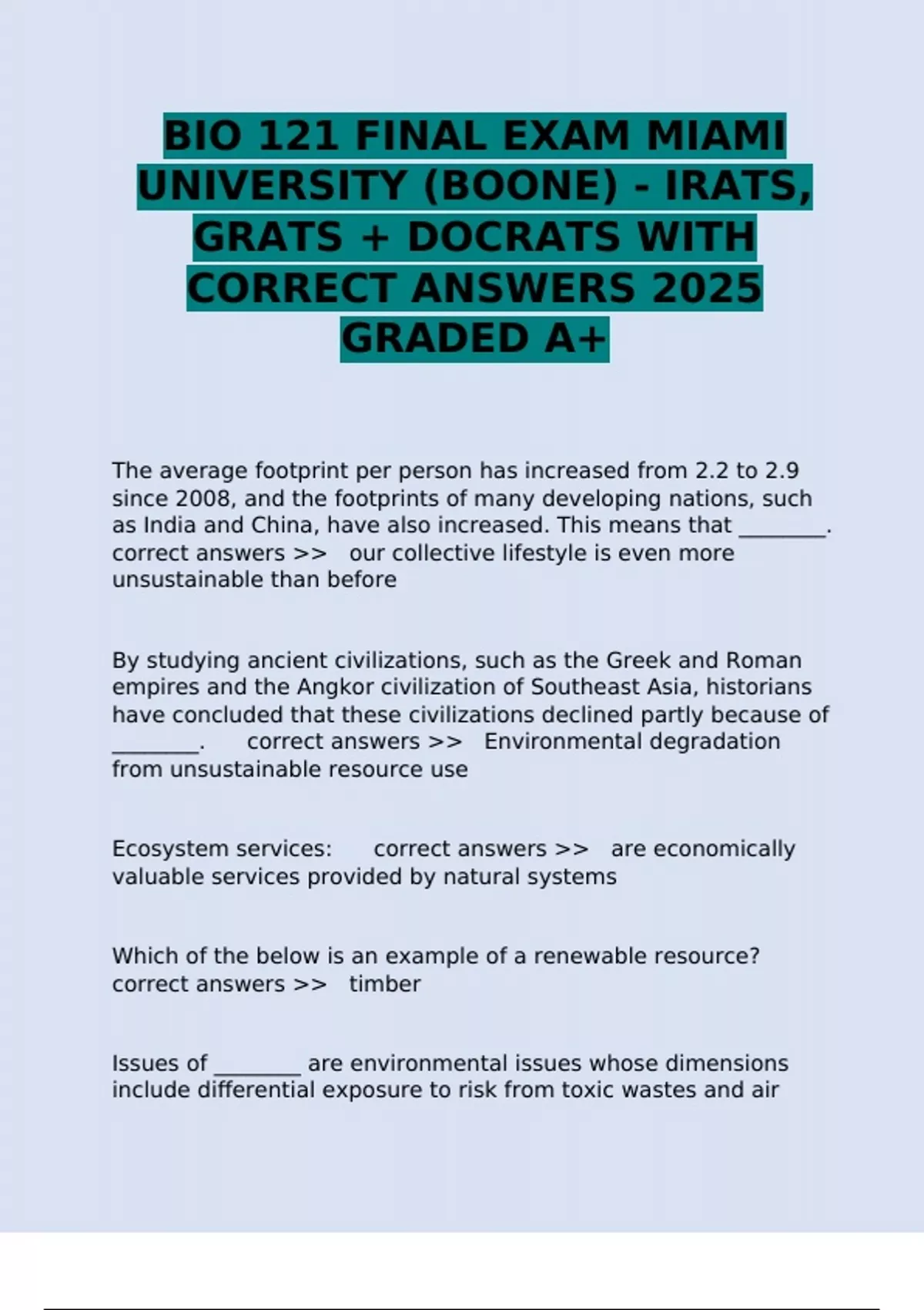 BIO 121 FINAL EXAM MIAMI UNIVERSITY (BOONE) - IRATS, GRATS + DOCRATS ...