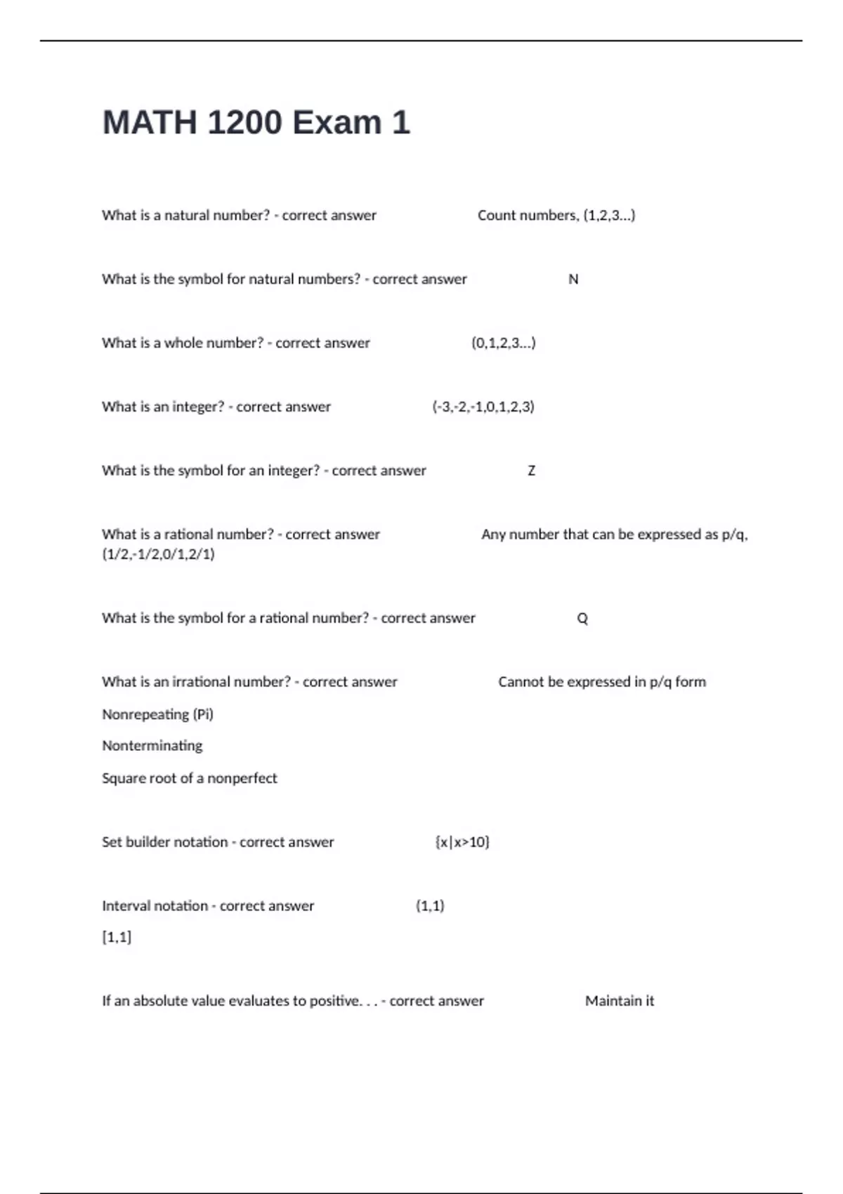 MATH 1200 Exam 1 Advanced Preset Questions With 100% Verified Answers ...
