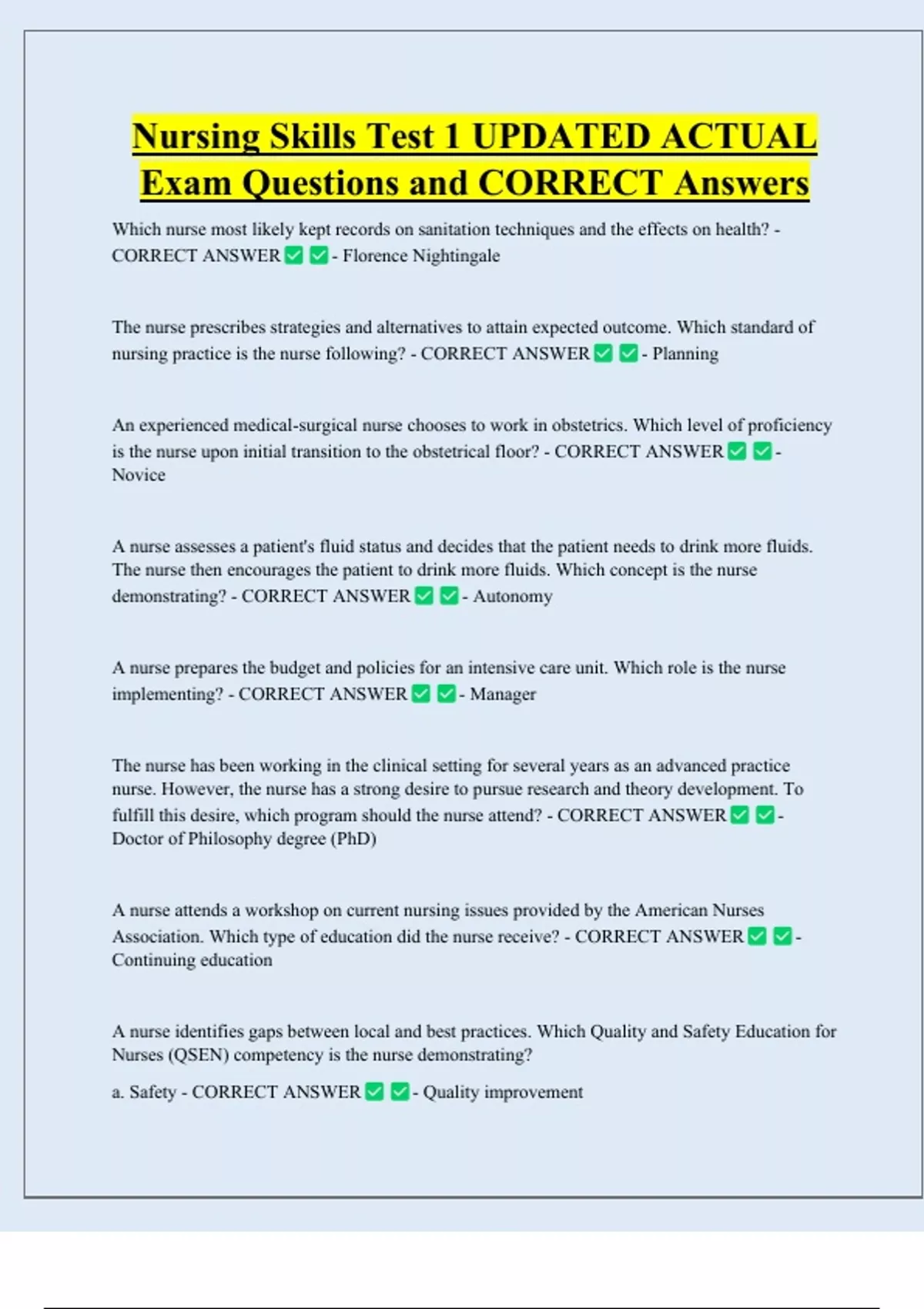 Nursing Skills Test 1 UPDATED ACTUAL Exam Questions and CORRECT Answers ...