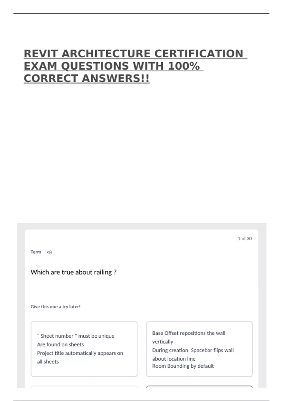 REVIT ARCHITECTURE CERTIFICATION EXAM QUESTIONS WITH 100% CORRECT ...