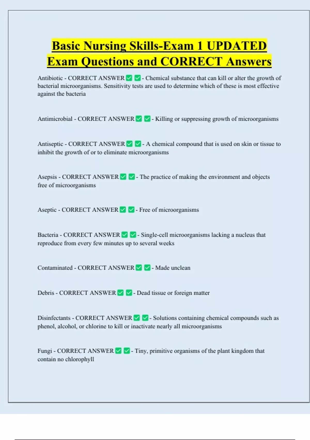 Basic Nursing Skills-Exam 1 UPDATED Exam Questions and CORRECT Answers ...
