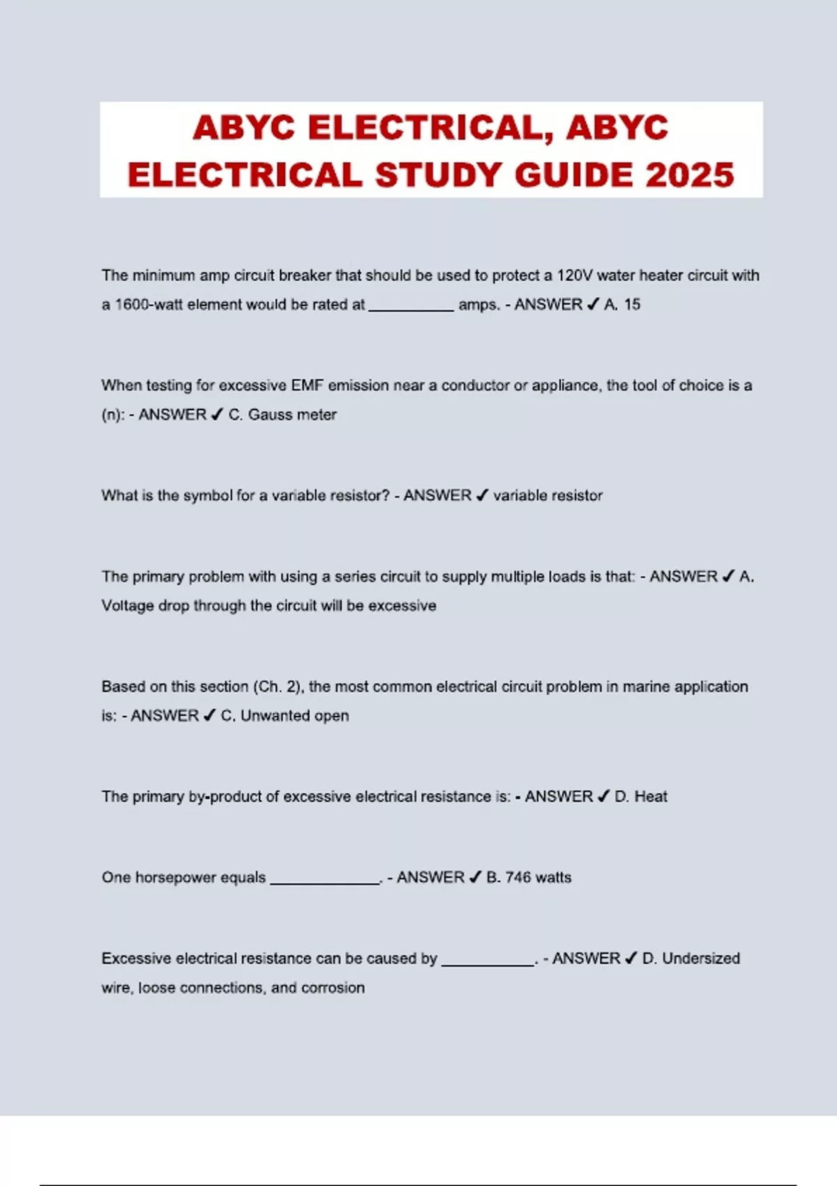 ABYC ELECTRICAL, ABYC ELECTRICAL STUDY GUIDE: 2025/2026 QUESTIONS WITH ...