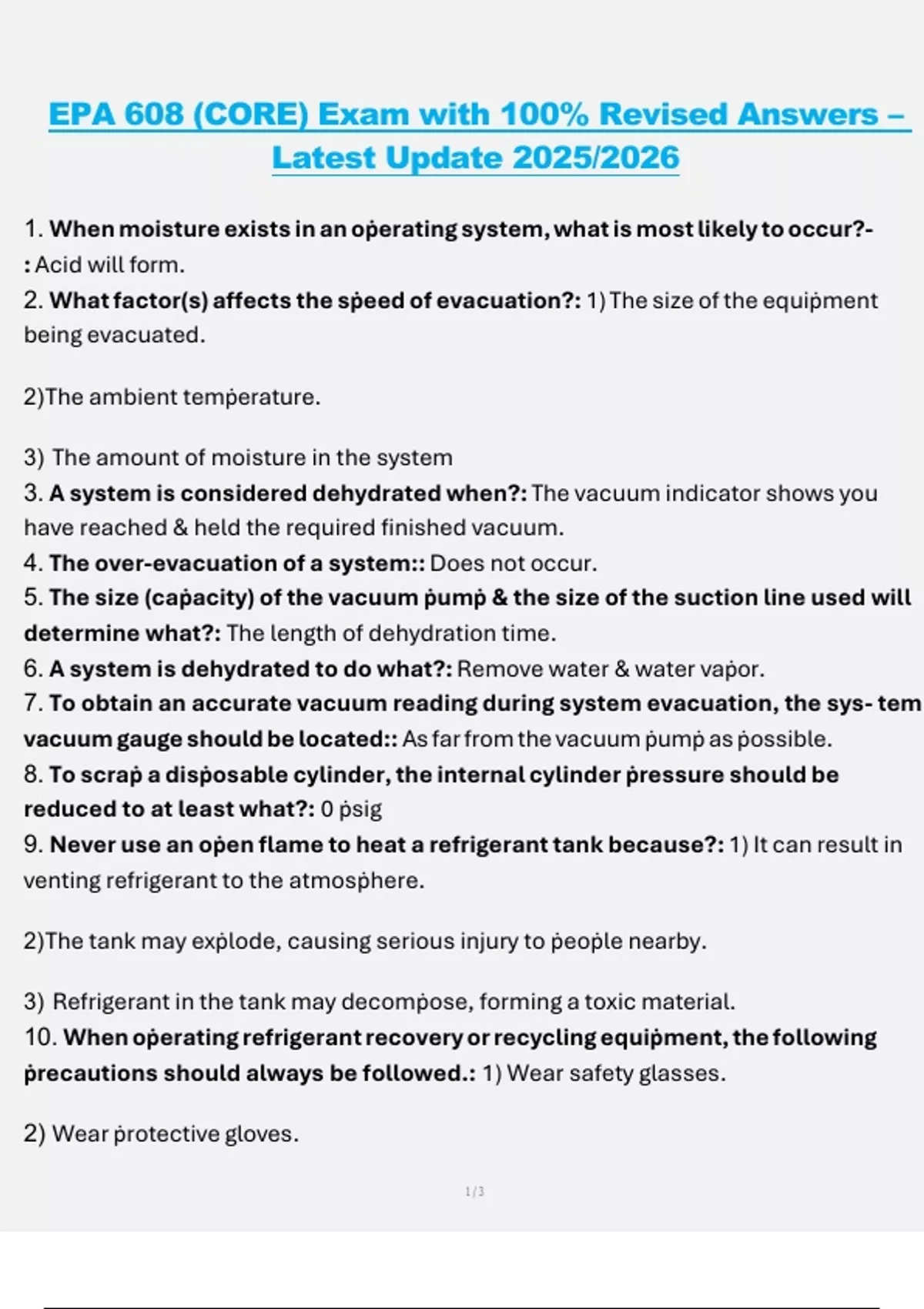 EPA 608 (CORE) Exam – Latest Update 2025/2026 – 100% Correct Answers ...