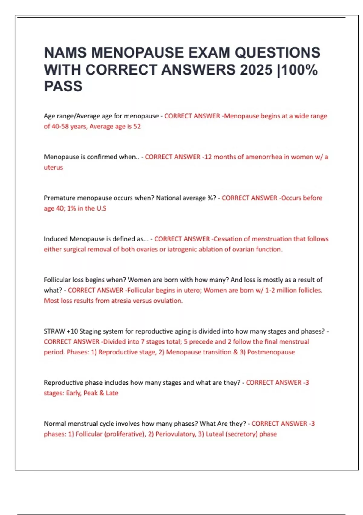 NAMS MENOPAUSE EXAM QUESTIONS WITH CORRECT ANSWERS 2025 |100% PASS ...