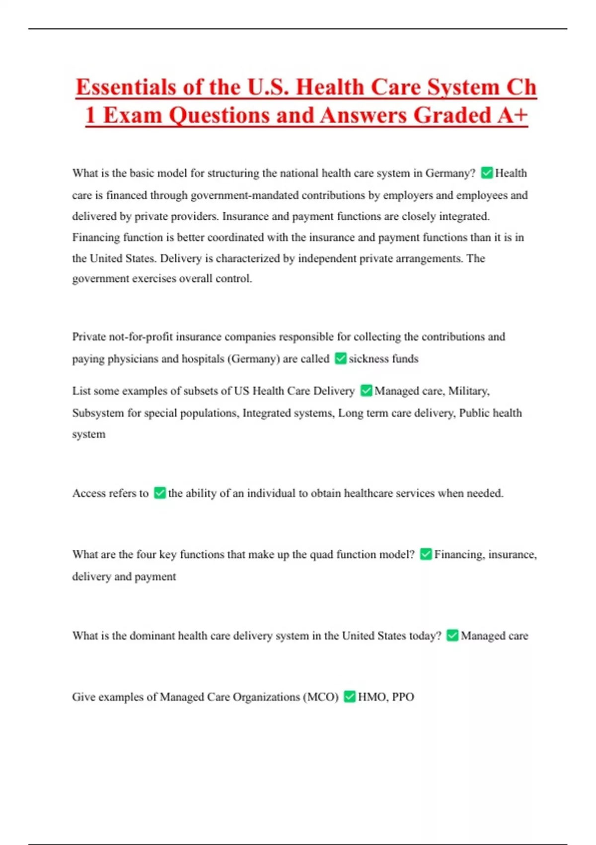 Essentials of the U.S. Health Care System Ch 1 Exam Questions and ...