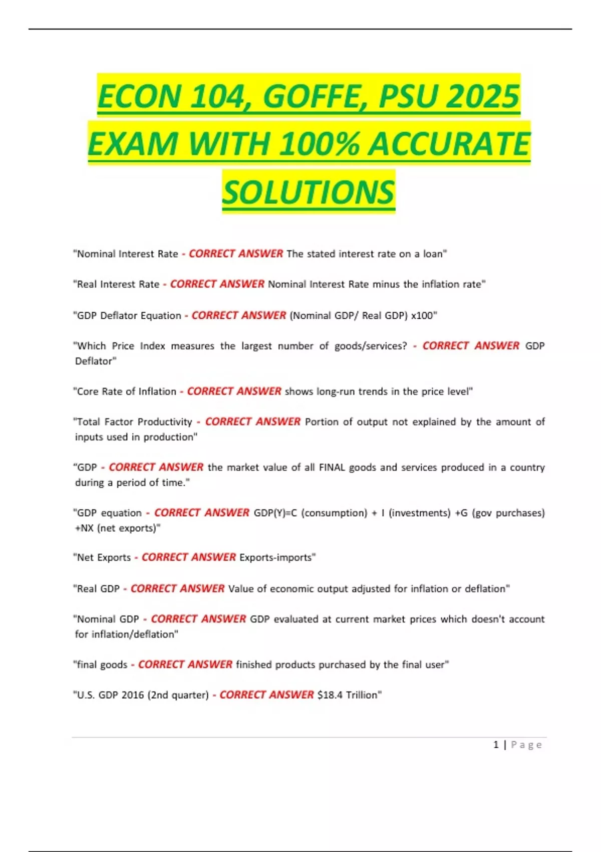 ECON 104, GOFFE, PSU 2025 EXAM WITH 100- ACCURATE SOLUTIONS - ECON 104 ...