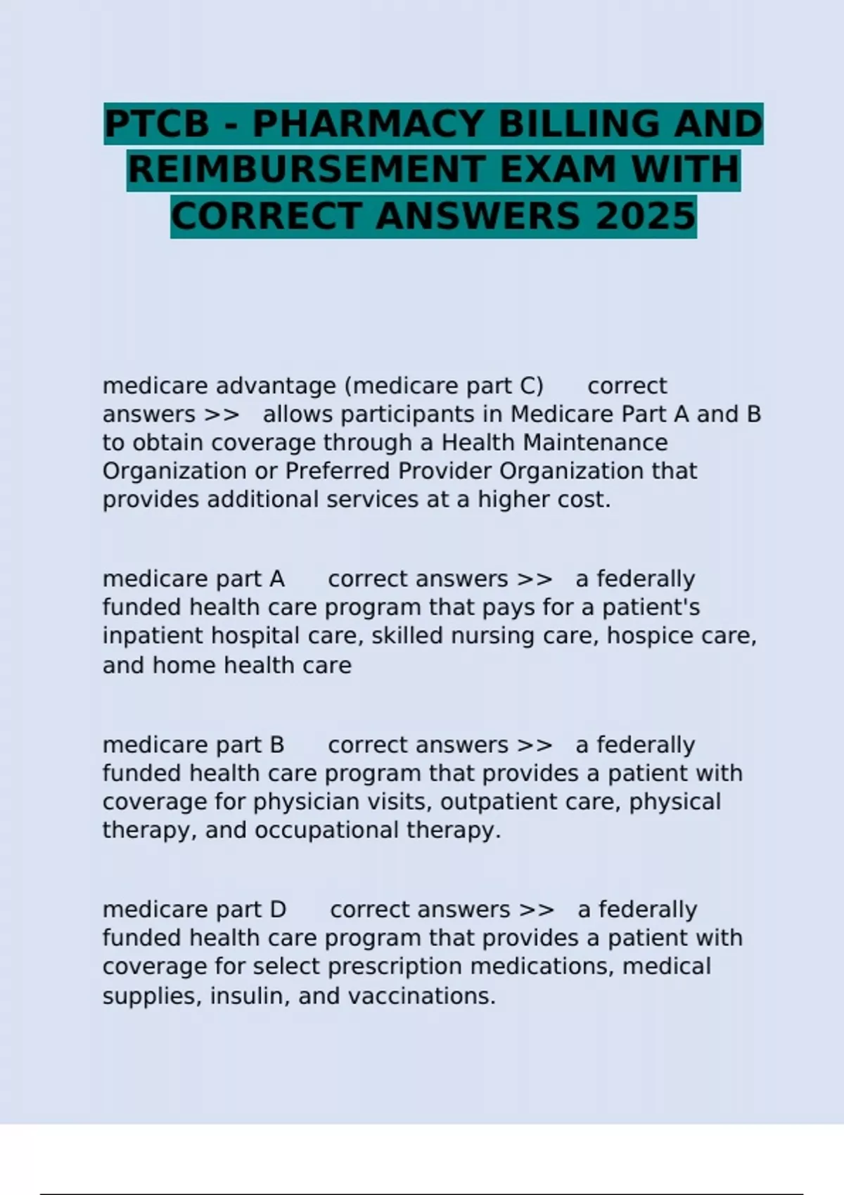 PTCB - PHARMACY BILLING AND REIMBURSEMENT EXAM WITH CORRECT ANSWERS 2025 - PTCB - PHARMACY ...