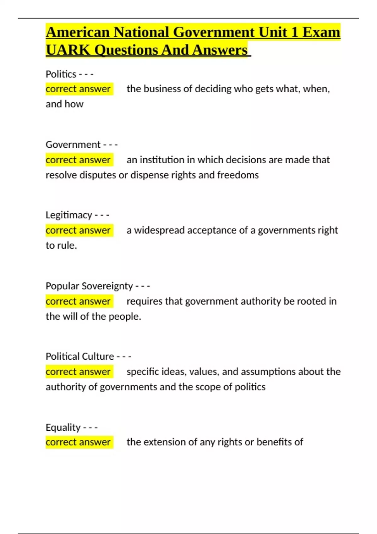 American National Government Unit 1 Exam UARK Questions And Answers ...