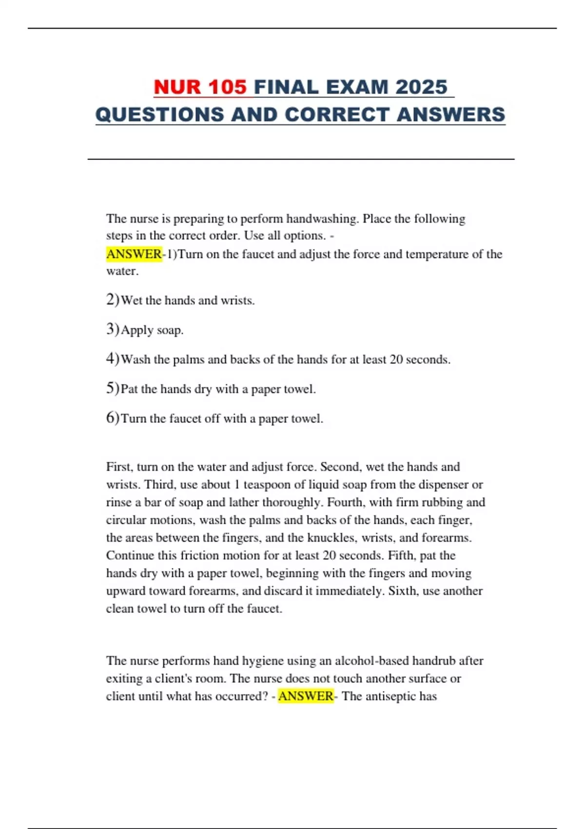 NUR 105 Final Exam 2025 – Complete Questions and Correct Answers - NUR ...