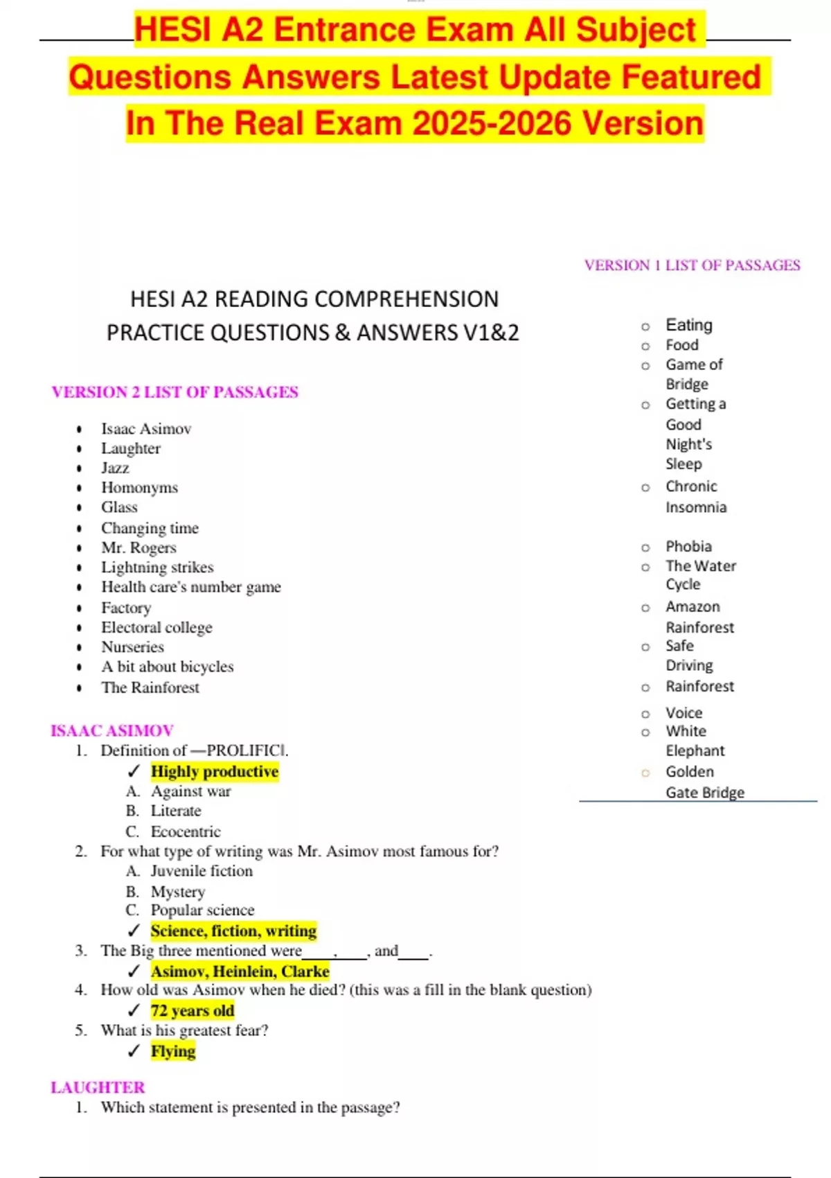 HESI A2 Entrance Exam All Subject Questions Answers Latest Update ...