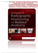 TEST BANK &minus;TEXTBOOK OF RADIOGRAPHIC POSITIONING AND RELATED ANATOMY 11TH EDITION BY JOHN LAMPIGNANO&comma; LESLIE E&period; KENDRICK&vert;&vert; COMPLETE GUIDE WITH VERIFIED CHAPTERS 1- 20 COVERED&vert;&vert;VERIFIED QUESTIONS & ACCURATE ANSWERS&vert;&vert; LATEST UPDATE A&plus;