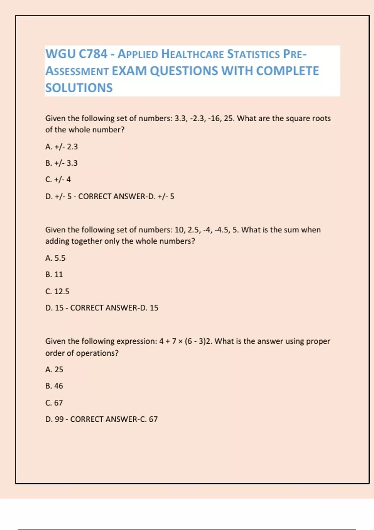 WGU C784 - APPLIED HEALTHCARE STATISTICS PRE ASSESSMENT EXAM QUESTIONS ...