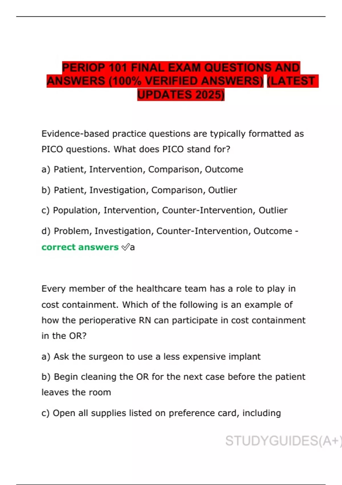 Periop 101 Final Exam Questions and Answers | 2025 Latest Update | 100% ...
