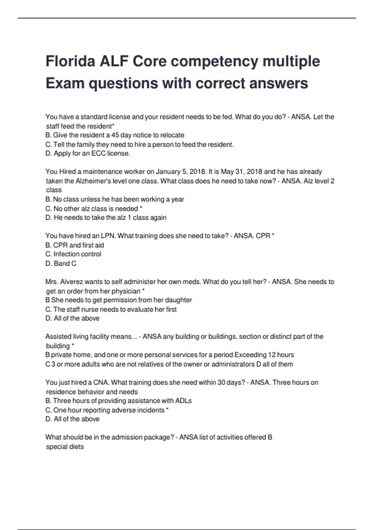 Florida ALF Core competency multiple Exam questions with correct ...