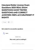 Maryland Boiler License Exam Questions 2025 REAL EXAM QUESTIONS &vert;MOST TESTED QUESTIONS AND CORRECT ANSWERS &vert;100&percnt; ACCURATE&vert;GET IT RIGHT&excl;&excl;
