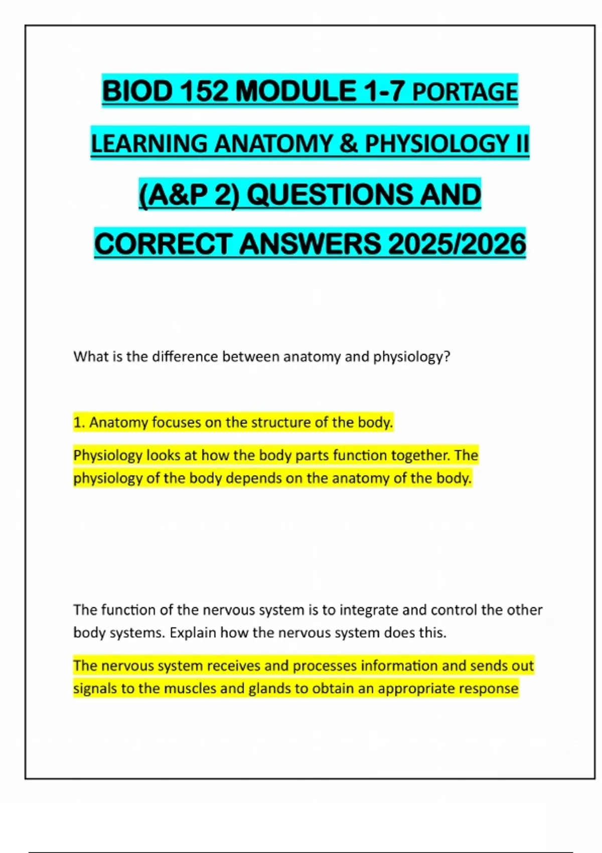 BIOD 152 MODULE 1-7 PORTAGE LEARNING ANATOMY & PHYSIOLOGY II (A&P 2 ...