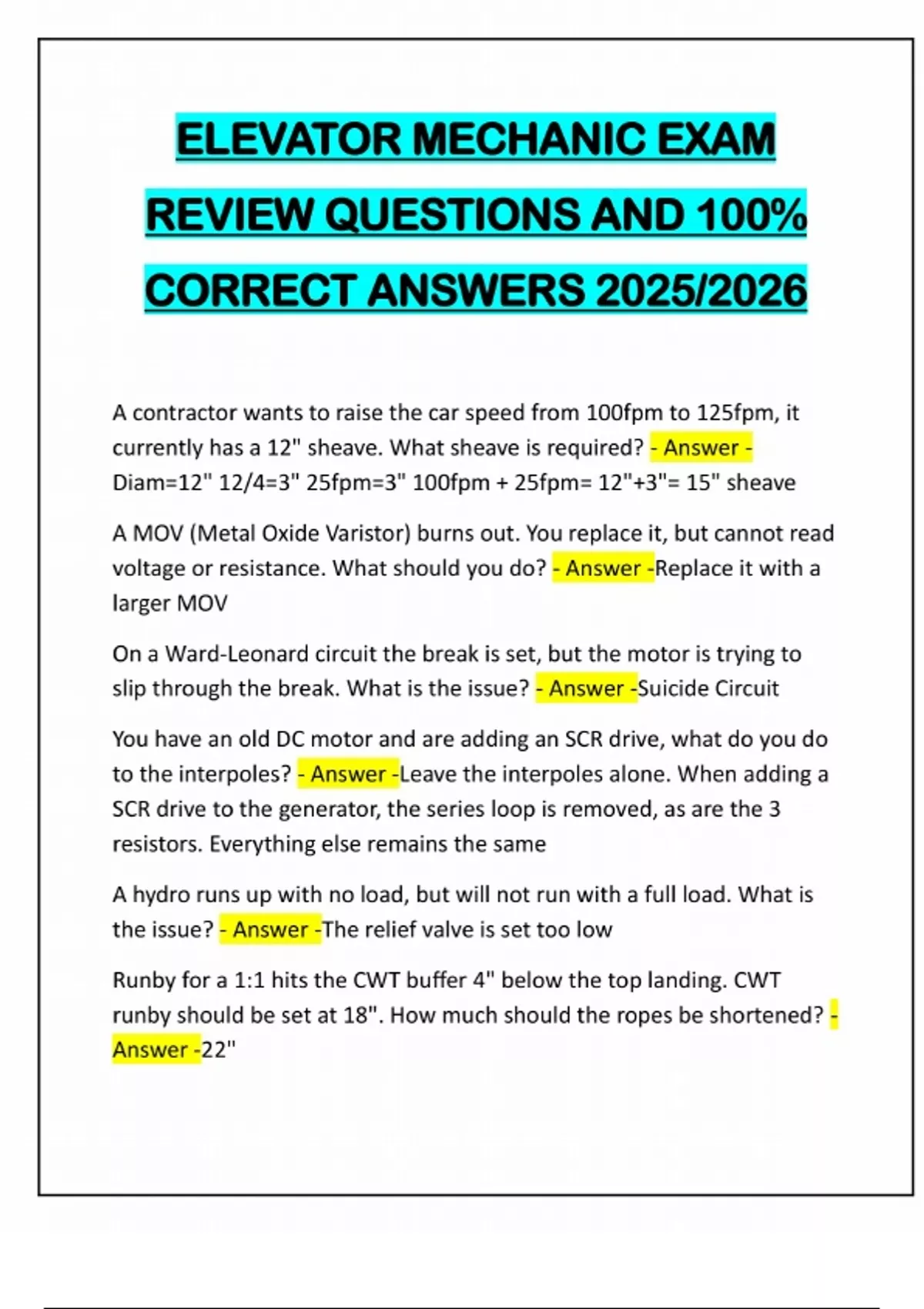 ELEVATOR MECHANIC EXAM REVIEW QUESTIONS AND 100% CORRECT ANSWERS 2025/ ...