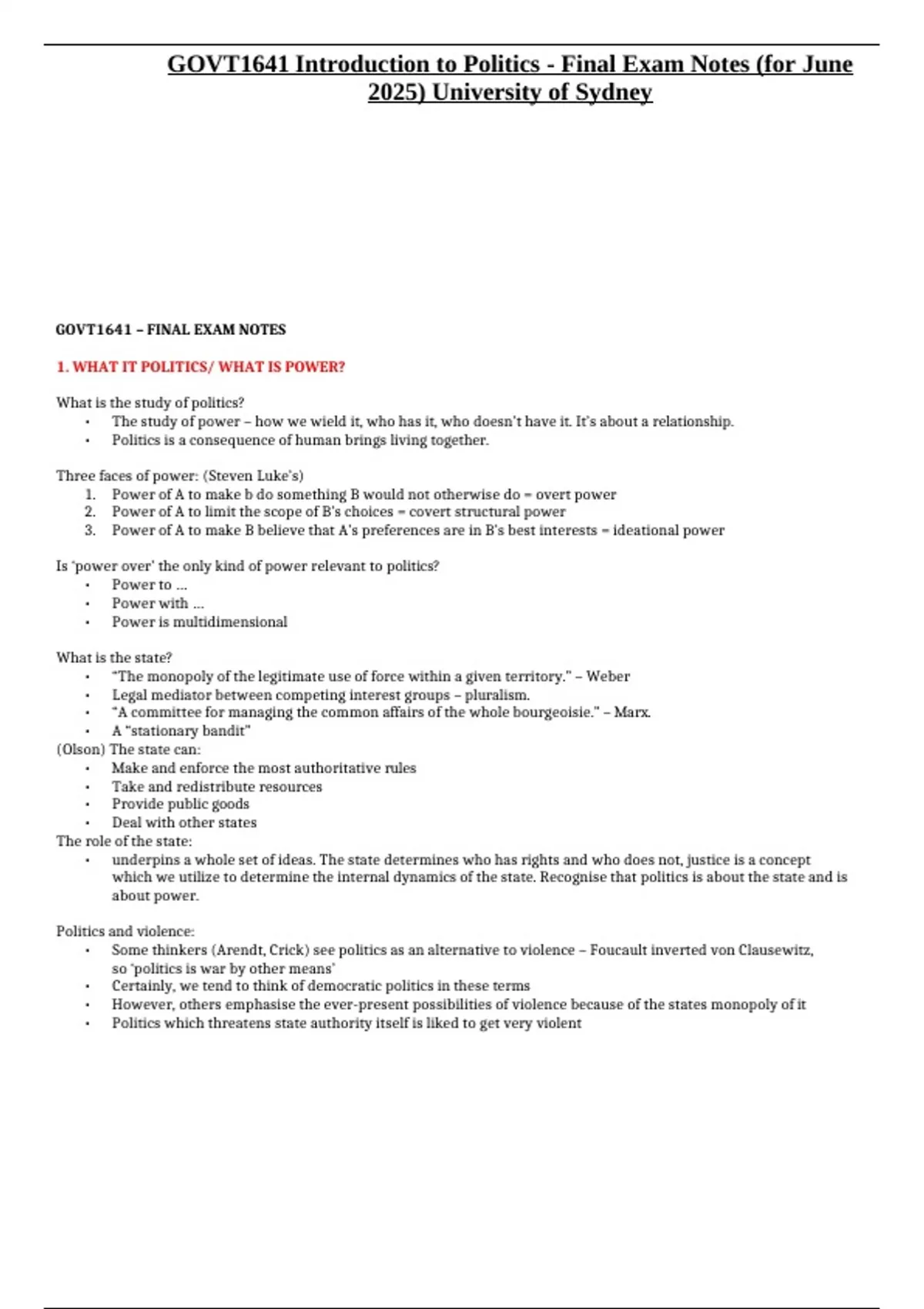 GOVT1641 Introduction to Politics - Final Exam Notes (for June 2025 ...