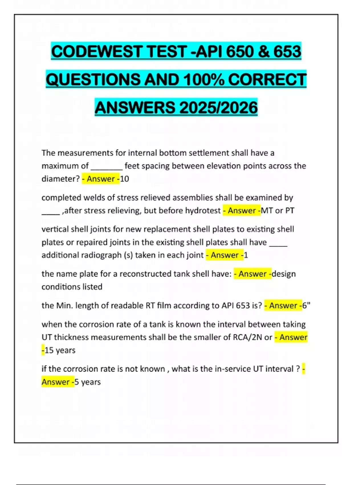 CODEWEST TEST -API 650 & 653 QUESTIONS AND 100% CORRECT ANSWERS 2025/ ...