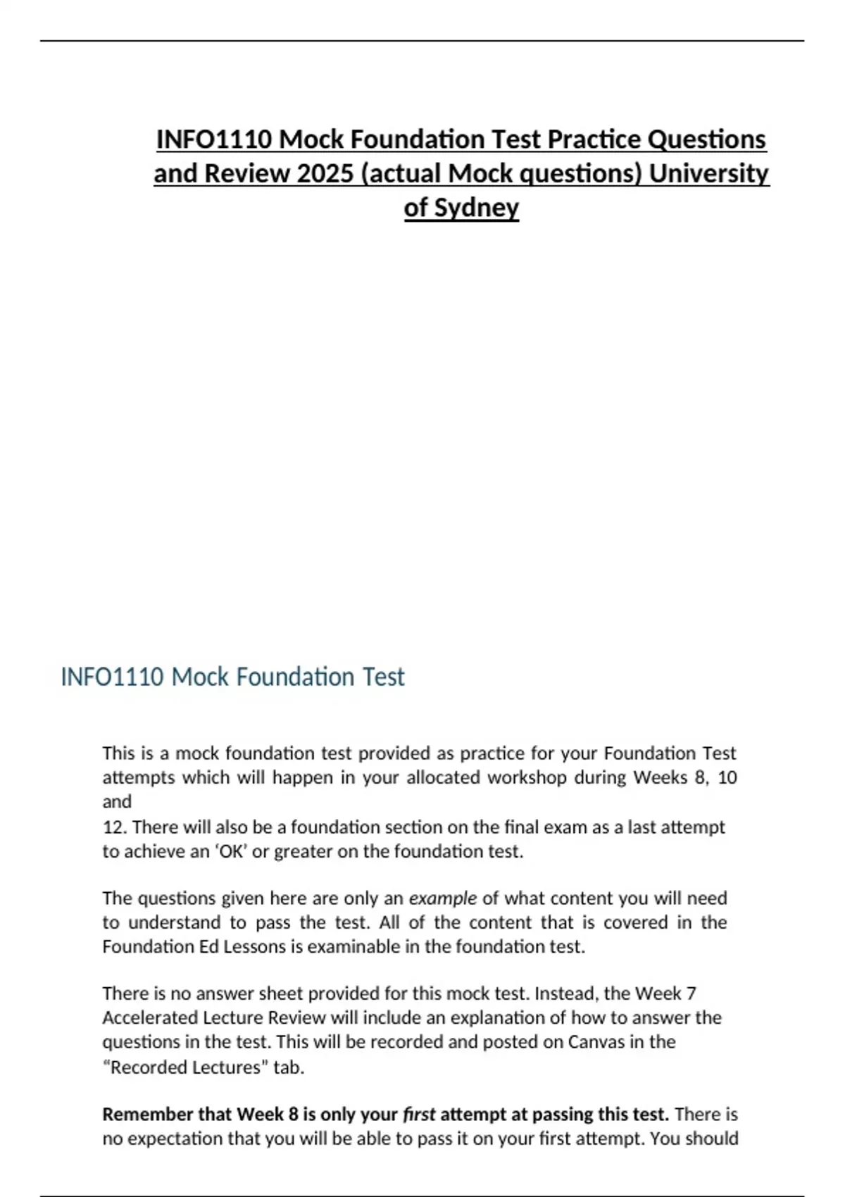 Mocks Type Question INFO1110 Mock Foundation Test Practice Questions and Review 2025 ...