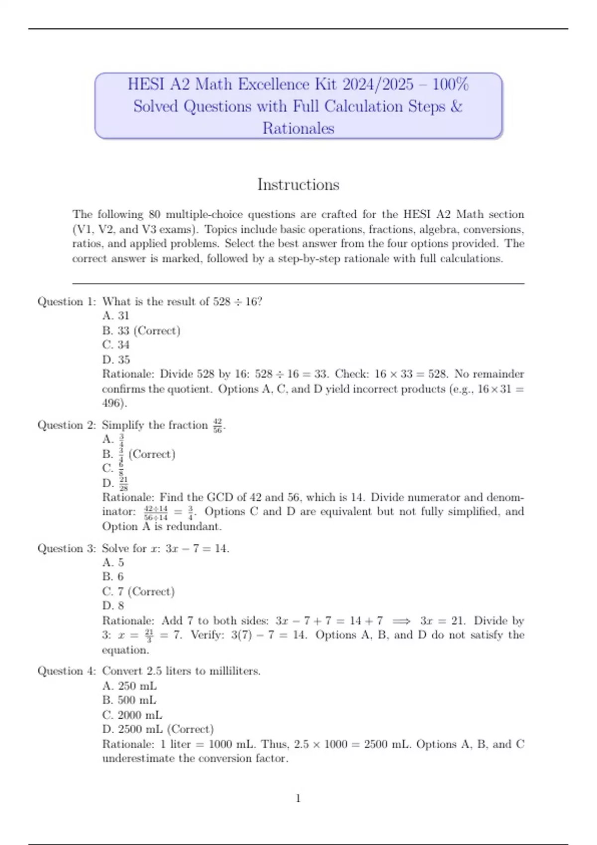 HESI A2 Math Excellence Kit 2024/2025 – 100% Solved Questions with Full ...