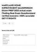 MARYLAND HOME IMPROVEMENT SALESPERSON EXAM PREP 2025 Actual exam &lpar;Testing Real Exam Questions&rpar;and verified Answers &lpar; 100&percnt; accurate&rpar; GET IT RIGHT&excl;&excl;