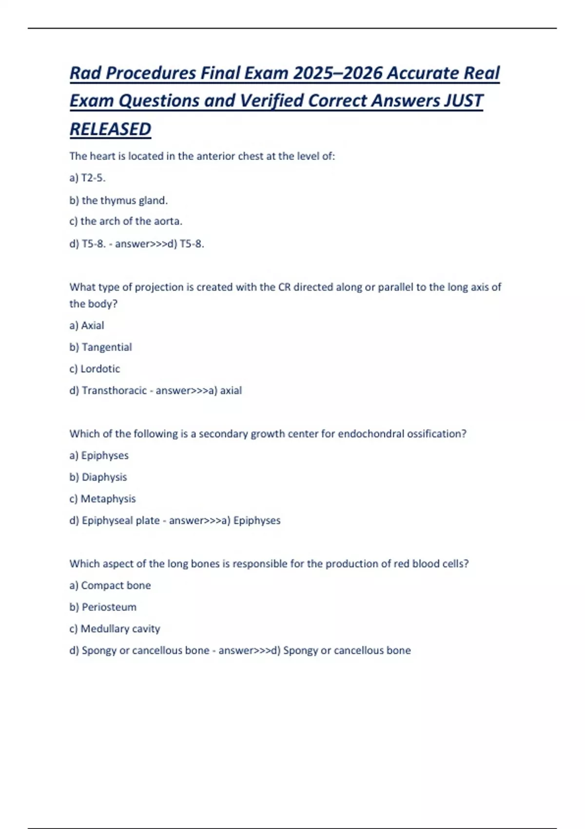 Radiologic Procedures Final Exam – 2025–2026 –Complete Diagnostic ...