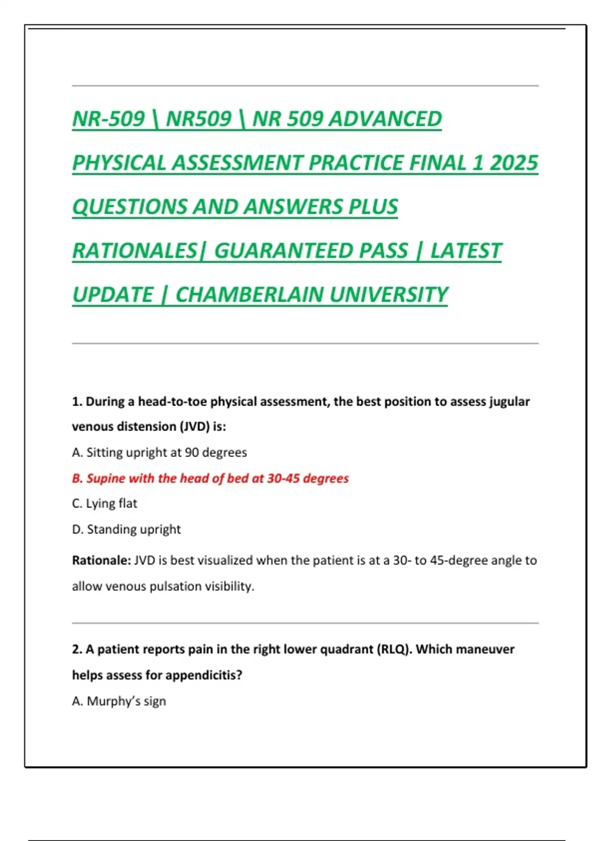 NR-509 NR509 NR 509 ADVANCED PHYSICAL ASSESSMENT PRACTICE FINAL 1 2025 ...
