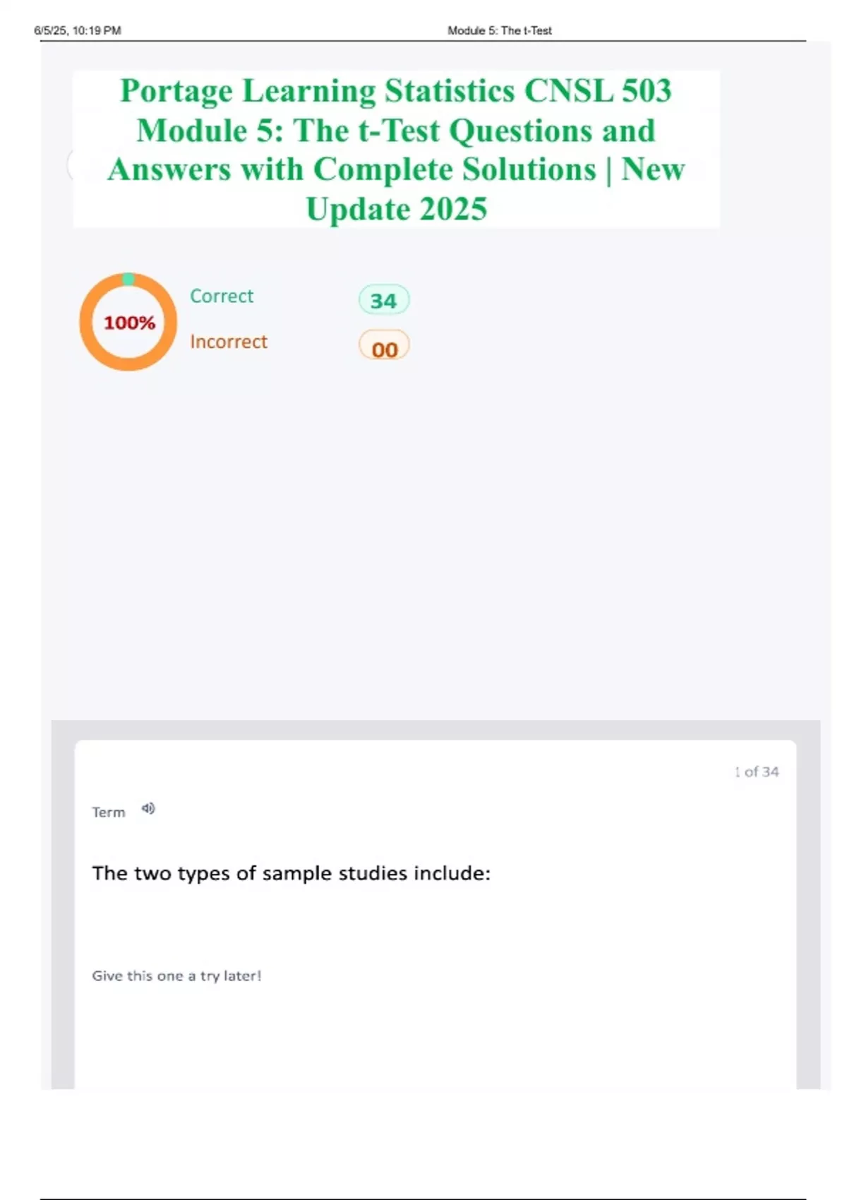 Statistics Portage Learning Module Portage Learning Statistics CNSL 503 Module 5: The t-Test Questions and ...