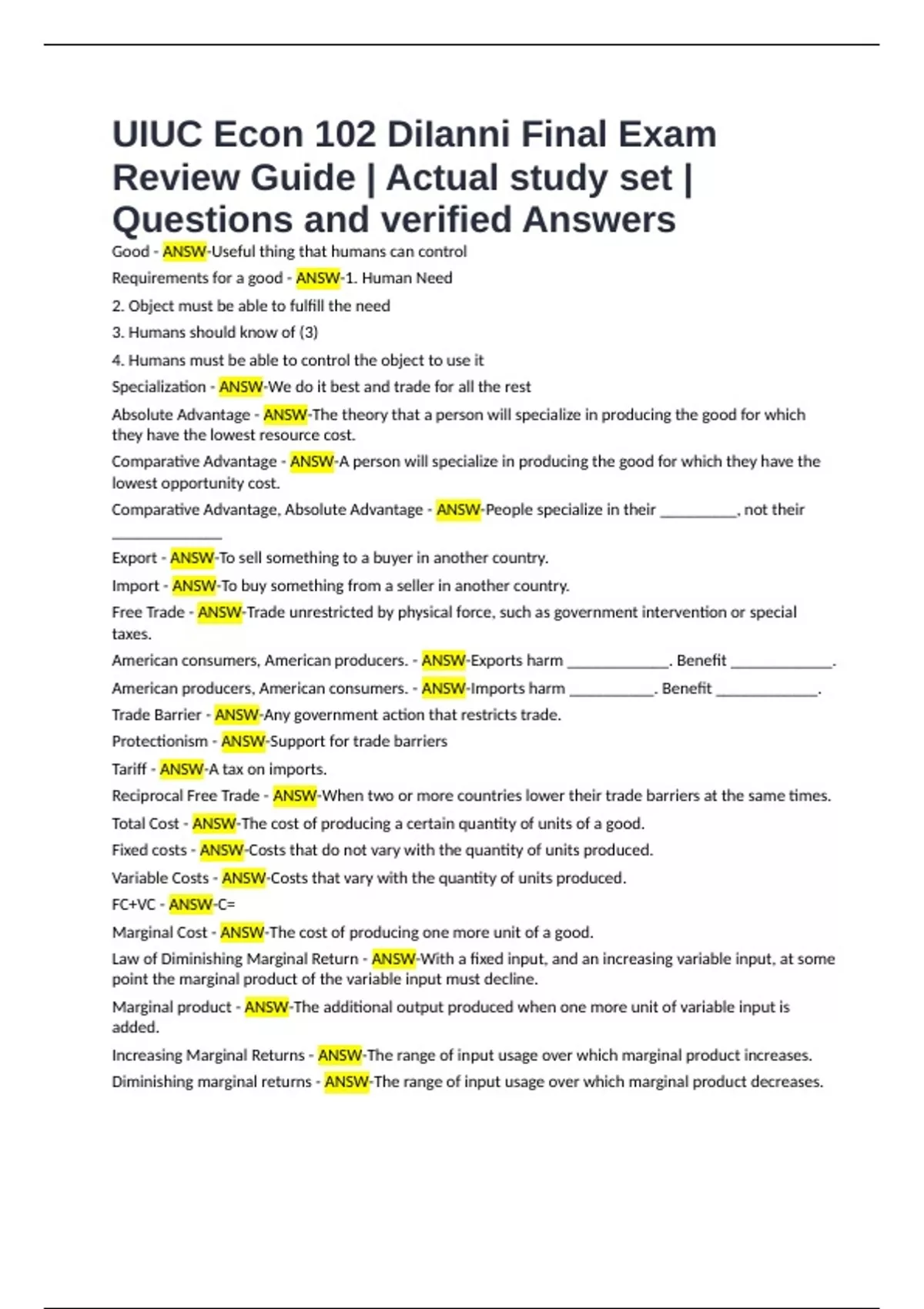 UIUC Econ 102 DiIanni Final Exam Review Guide | Actual study set ...