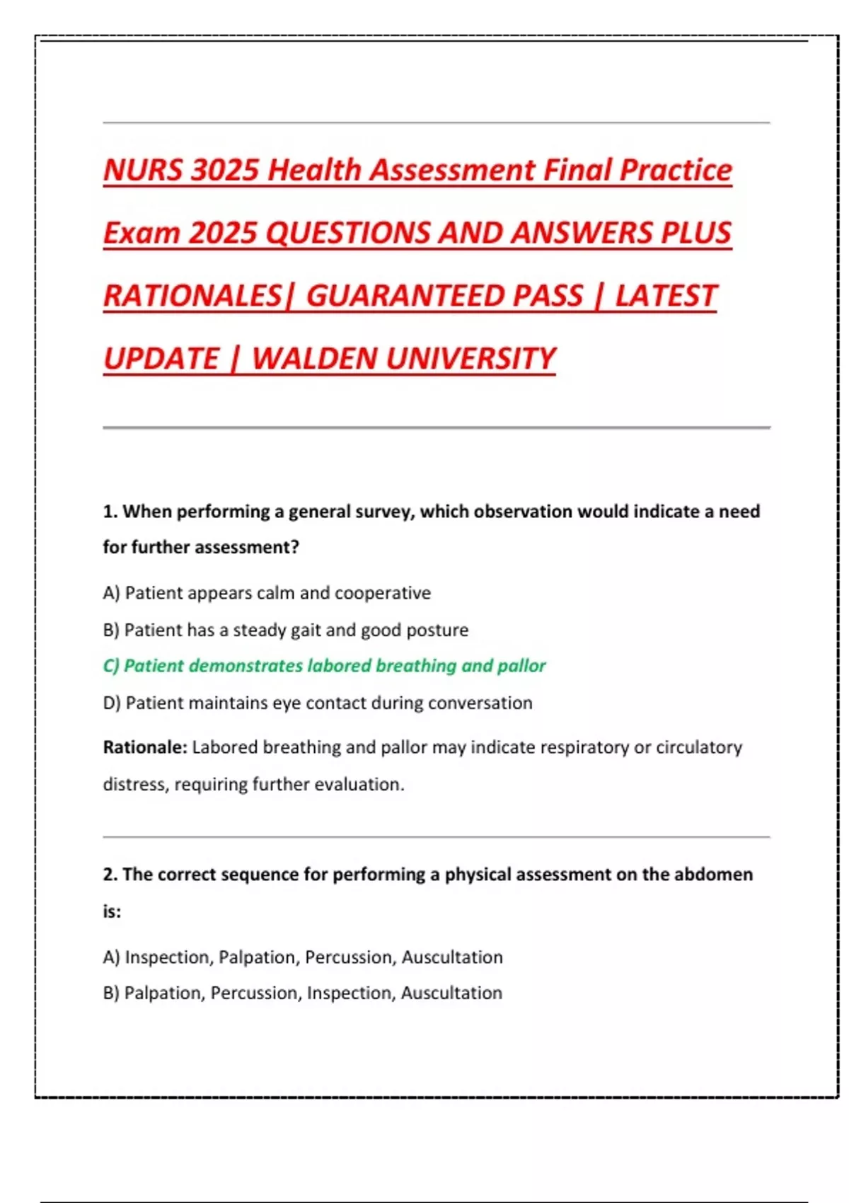 NURS 3025 Health Assessment Final Practice Exam 2025 QUESTIONS AND ...