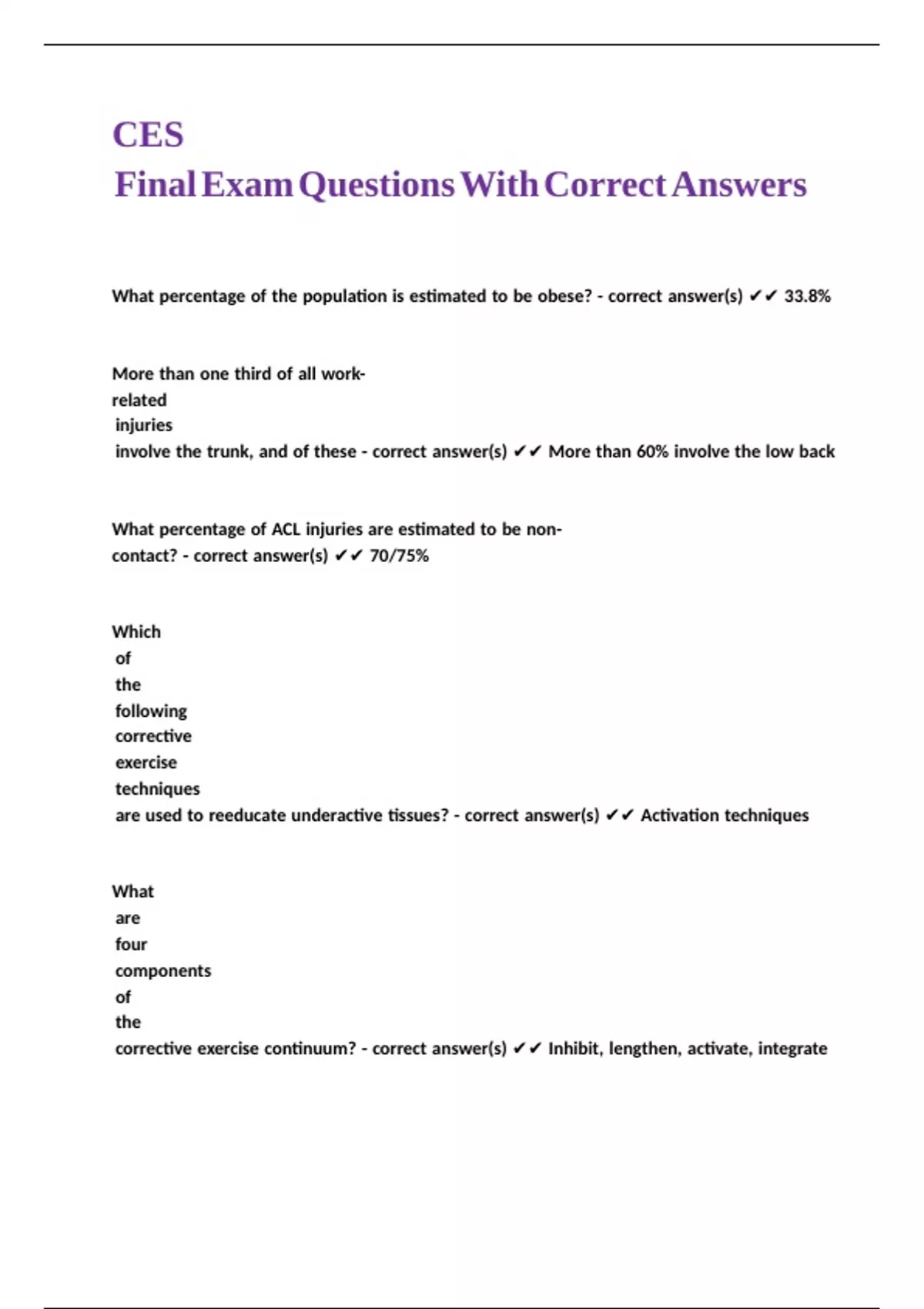 CES Final Exam Questions With Correct Answers. - NASM Ces - Stuvia US