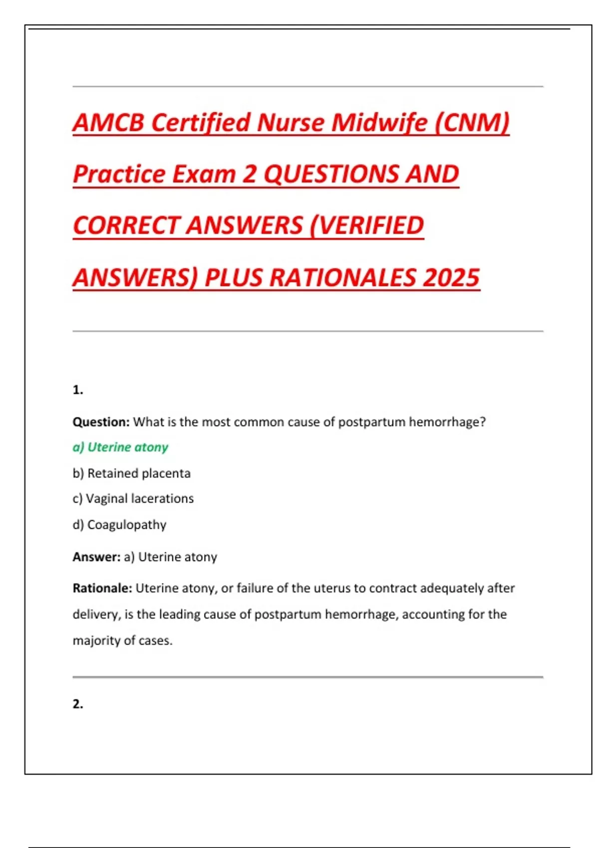AMCB Certified Nurse Midwife (CNM) Practice Exam 2 QUESTIONS AND ...