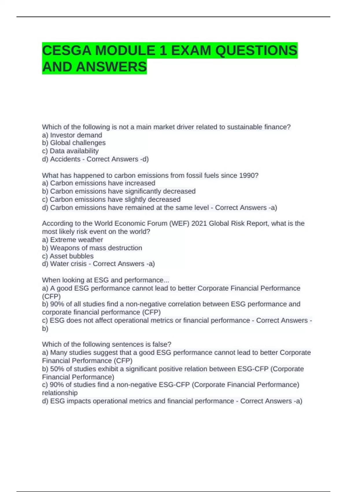 CESGA MODULE 1 EXAM QUESTIONS AND ANSWERS - CESGA - Stuvia US