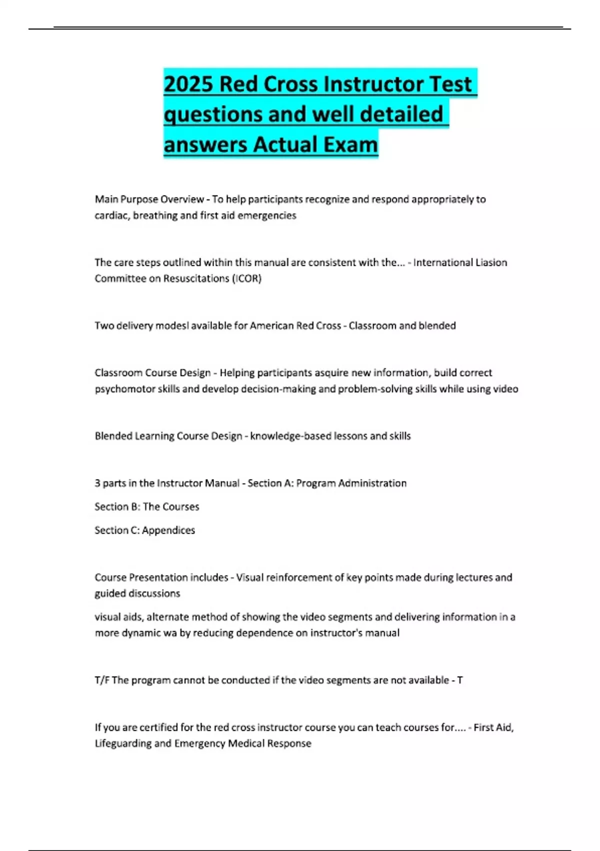 2025 Red Cross Instructor Test questions and well detailed answers ...