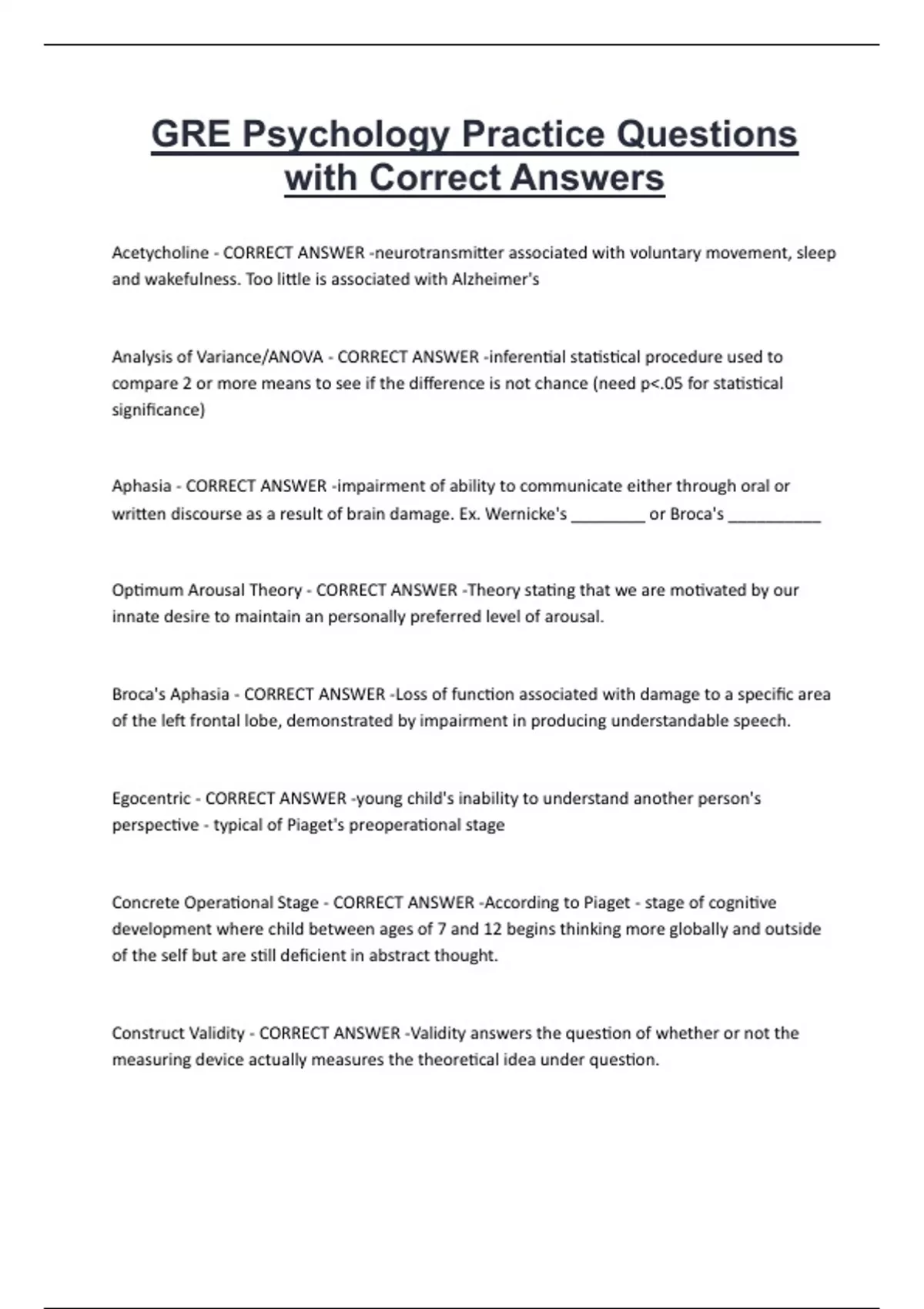 GRE Psychology Practice Questions with Correct Answers GRE Psychology