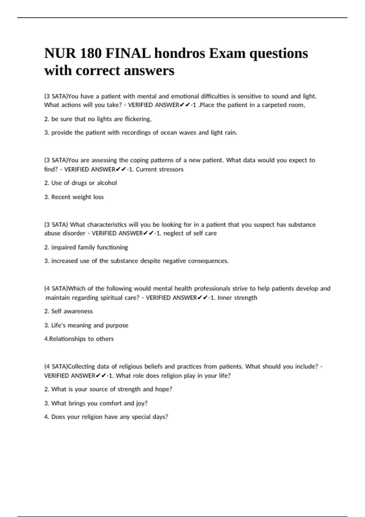 NUR 180 FINAL hondros Exam questions with correct answers. - NUR 180 ...