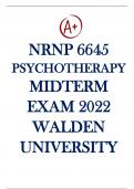 NRNP 6645 Psychotherapy &ndash; Midterm Exam 2022 &ndash; Walden University &ndash; Complete Q&A Review