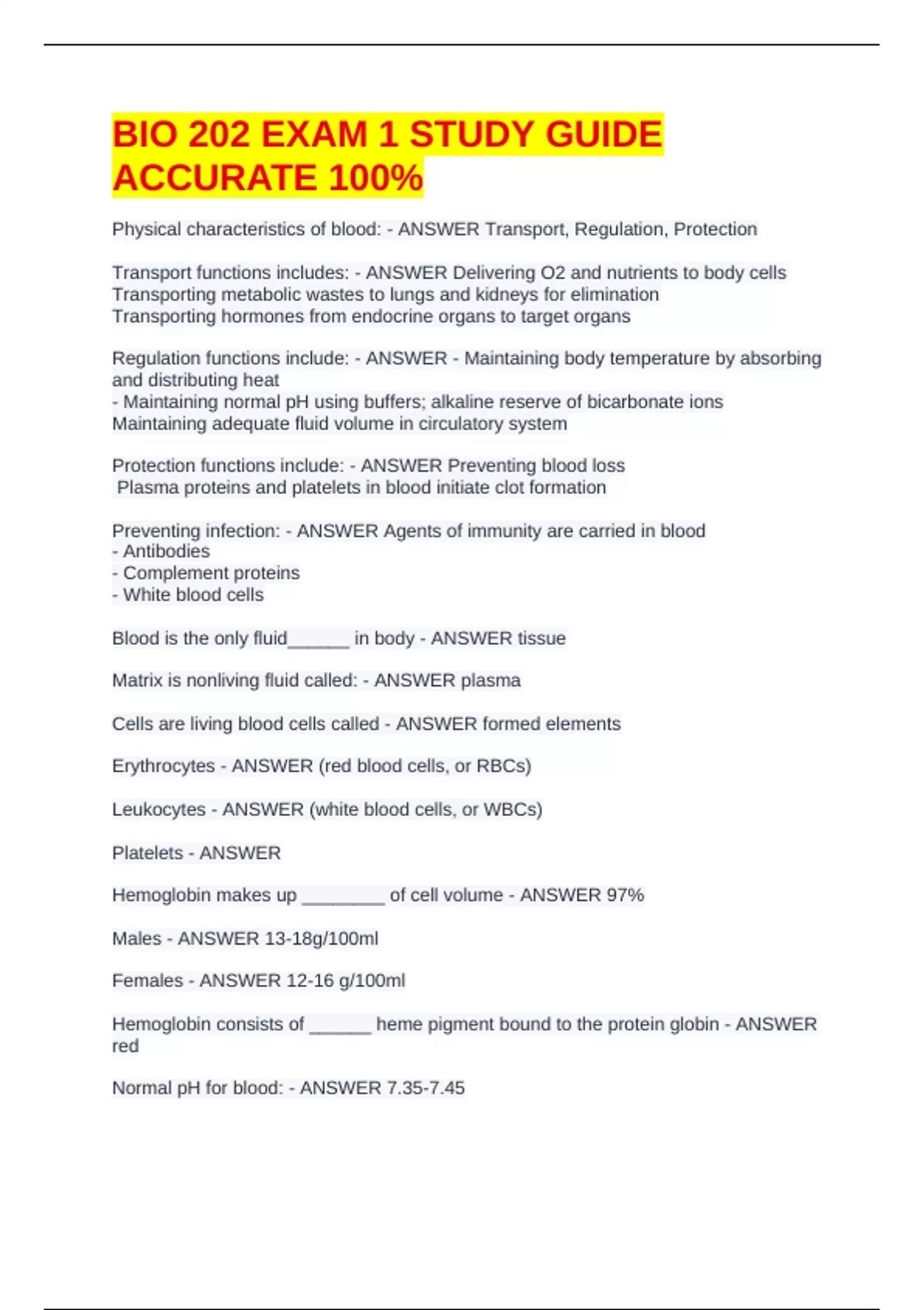 BIO 202 EXAM 1 STUDY GUIDE ACCURATE 100% - BIO 202 - Stuvia US