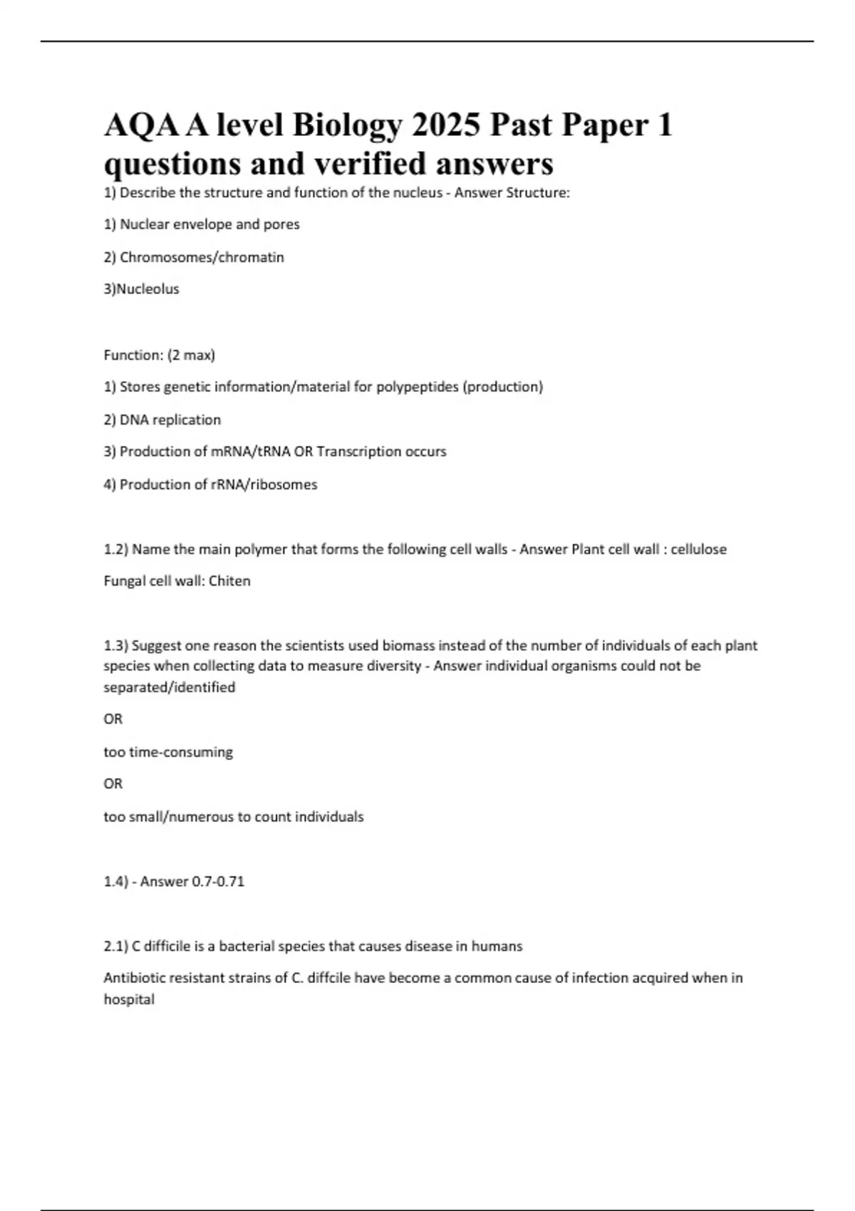 AQA A level Biology 2025 Past Paper 1 questions and verified answers ...