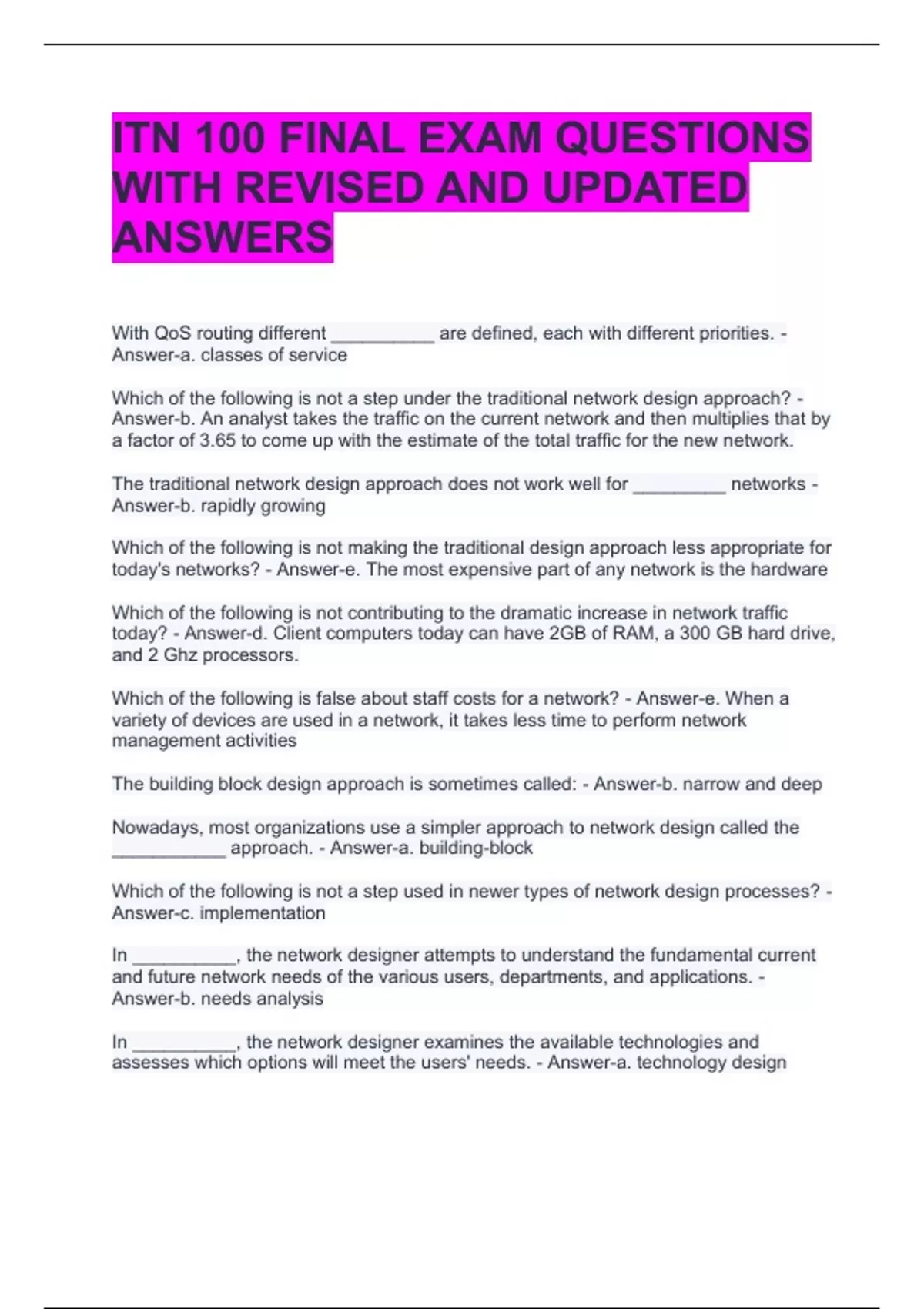 ITN 100 FINAL EXAM QUESTIONS WITH REVISED AND UPDATED ANSWERS - ITN 100 ...