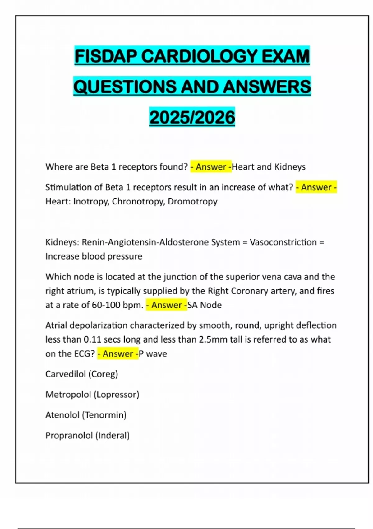 FISDAP CARDIOLOGY EXAM QUESTIONS AND 100% CORRECT ANSWERS 2025/2026 ...